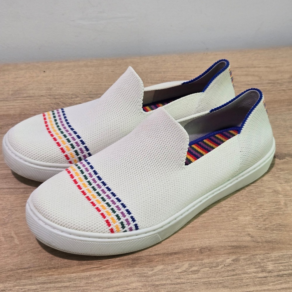 Rothys Kids Size K4 EU 36 The Sneaker White Rainbow Stripe Slip On Shoes Pride